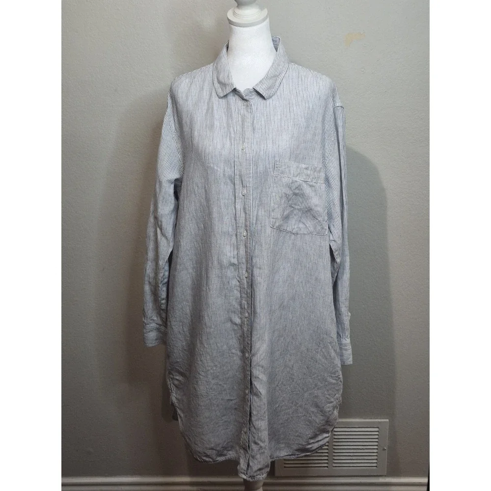 Quince 100% Linen Shirt Dress Size L Blue  Button Front Midi Pockets Coastal